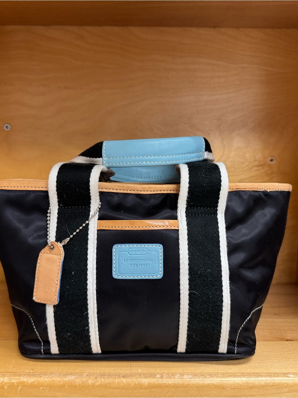 Coach 1893 Black Tote with Light Blue and Tan Accents